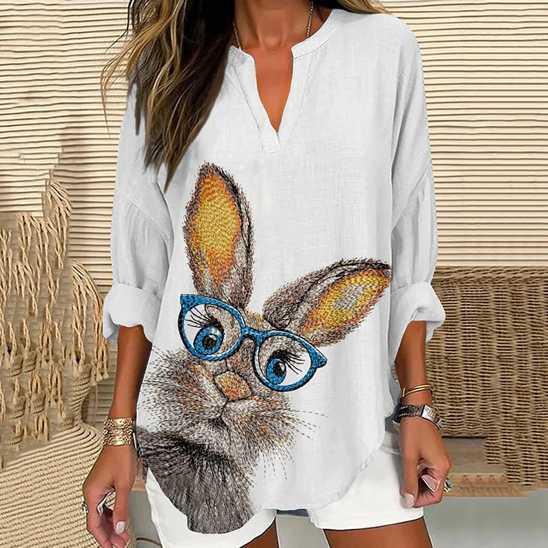 Comstylish Vintage Easter Bunny Embroidery Art Linen Blend Cozy Tunic