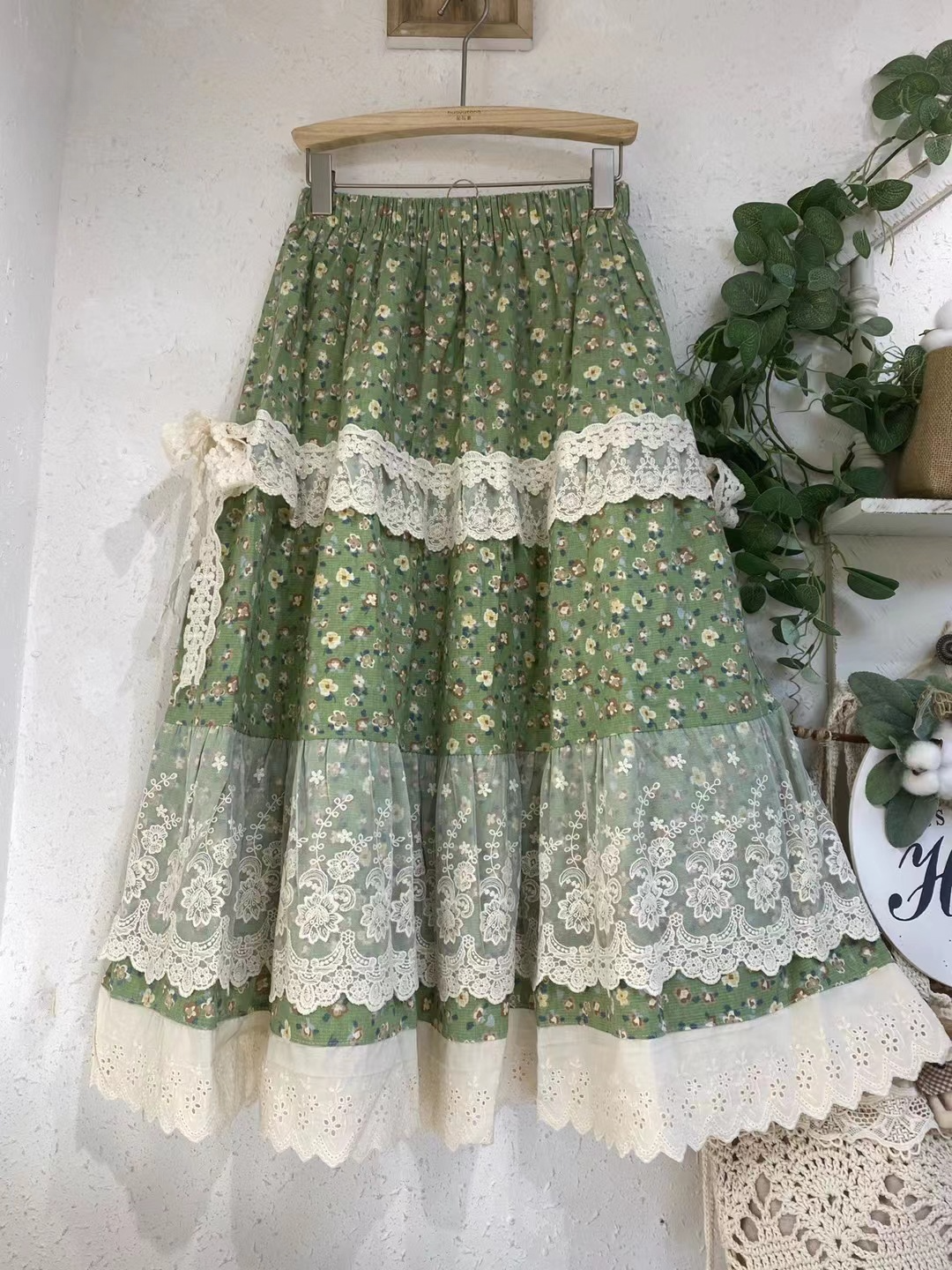 Forest Style Floral Lace Patchwork Cotton Linen Skirt