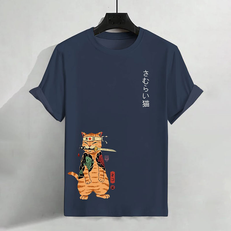 Men'S Japanese Sushi Samurai Cat Print Casual T-Shirt elevenforest