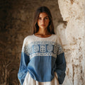 Vintage Greek Key Art Embroidered Linen Blend T-shirt artswardrobe
