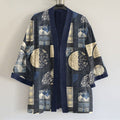 Comstylish Japanese Traditional Sashiko Art Pattern Art Print Linen Blend Kimono Cardigan