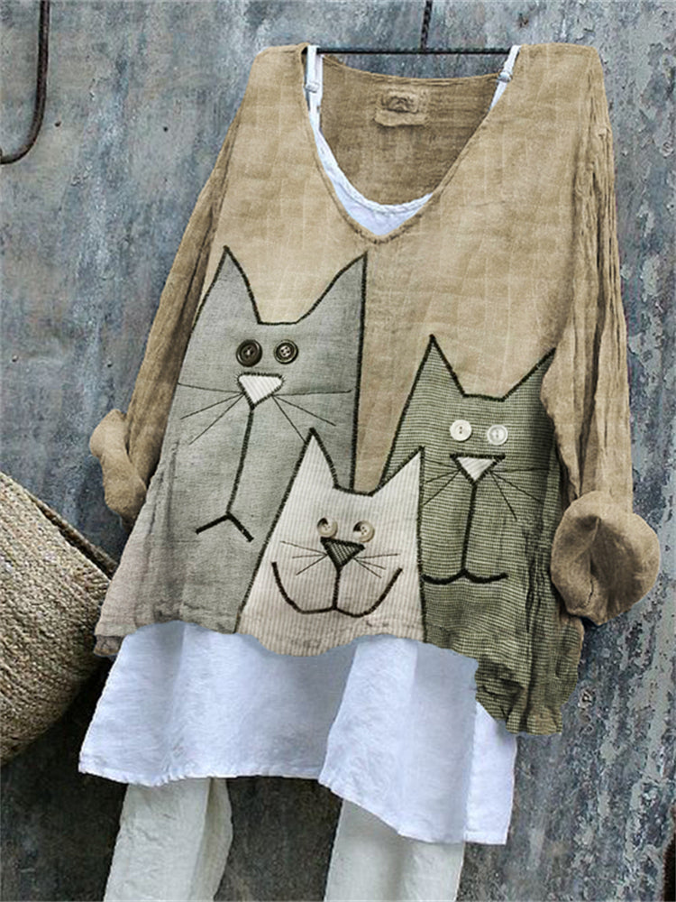 Comstylish Lovely Cats Patchwork Fiber Art Linen Blend Tunic