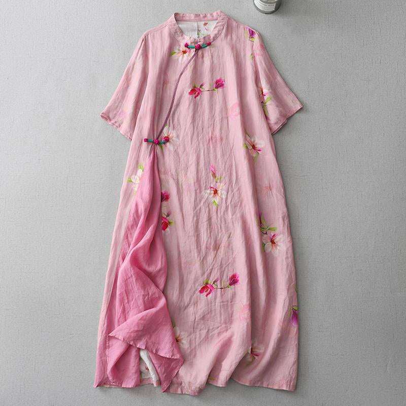 Comstylish Vintage Japanese Art Floral Button Cotton Linen Maxi Dress