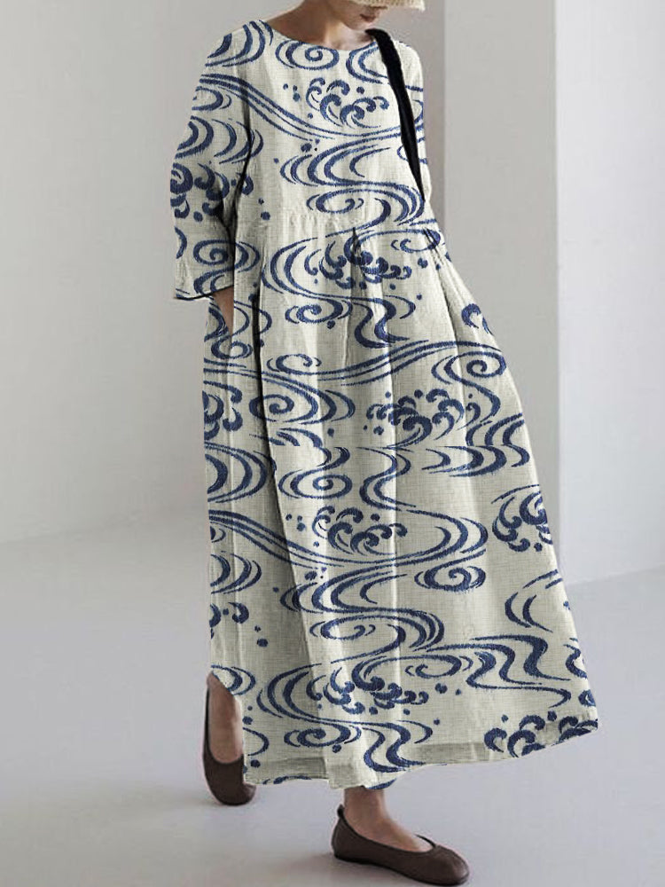 Comstylish Sea Waves Japanese Art Linen Blend Maxi Dress