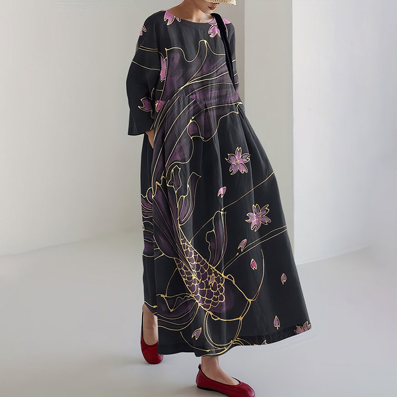 Comstylish Japanese Art Fish Print Loose Midi Dress