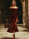 Fashion Party Off-shoulder Solid Color Velvet Long Sleeve Midi Dress