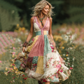 Women Vintage  Floral  Art V Neck Linen Maxi Dress artswardrobe