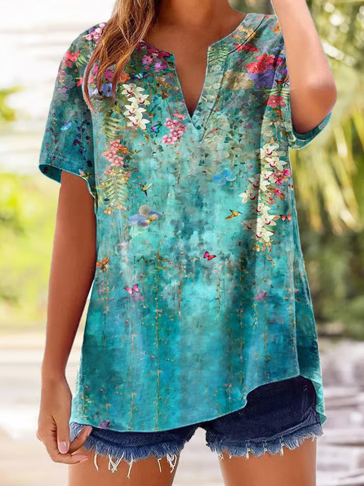 Women's Casual Retro Floral Butterfly Print Cotton And Linen Shirt artswardrobe