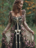 Comstylish Vintage Skeleton Floral Fiber Art Flowy Linen Maxi Dress
