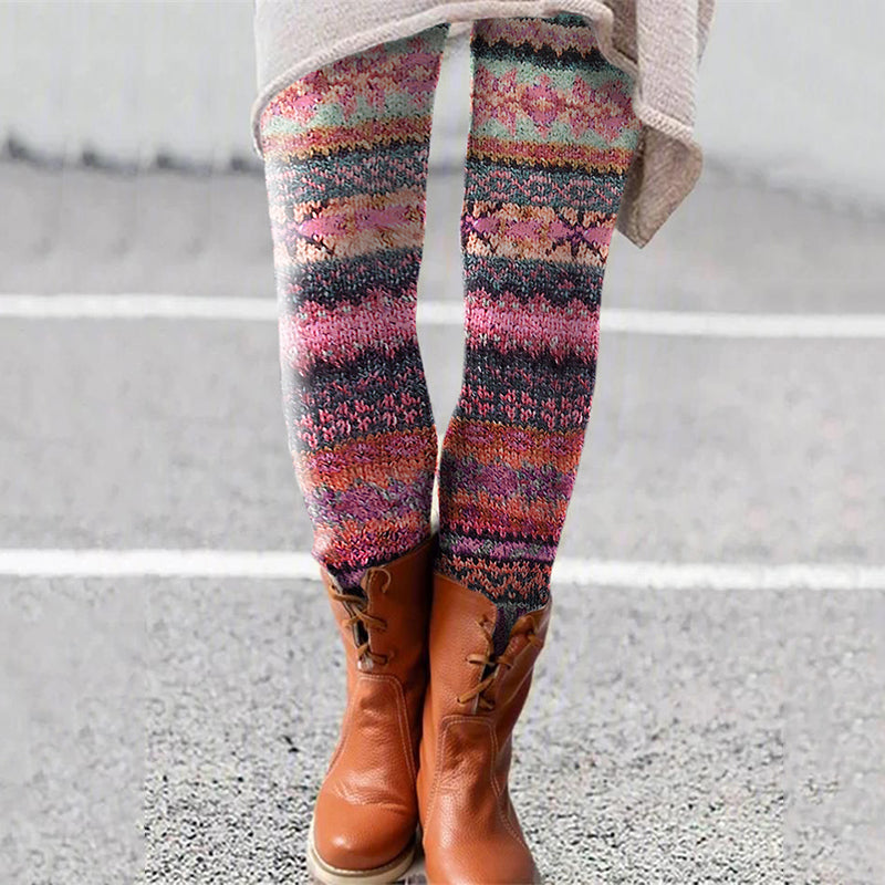 Retro Christmas Pattern Knitted Print Leggings artswardrobe