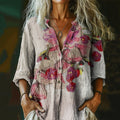 Women's Vintage Floral Art Print Casual Cotton And Linen Shirt artswardrobe