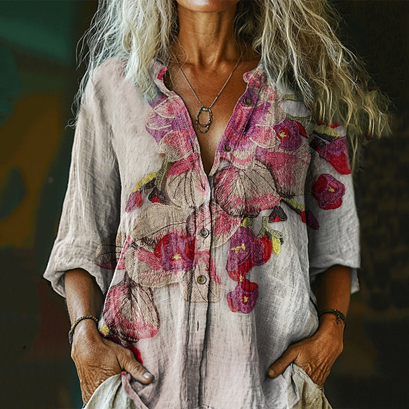 Women's Vintage Floral Art Print Casual Cotton And Linen Shirt artswardrobe