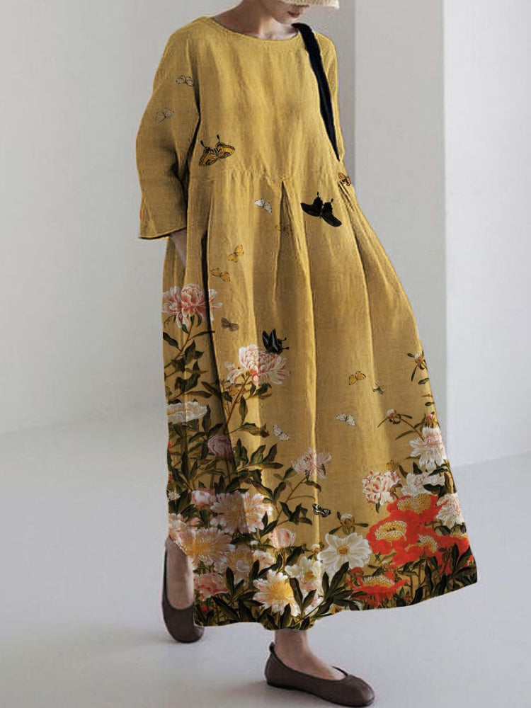 Comstylish Butterflies among Flowers Japanese Art Linen Blend Maxi Dress