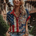 Women's Retro American Flag Style Embroidered Linen Blend Shirts artswardrobe