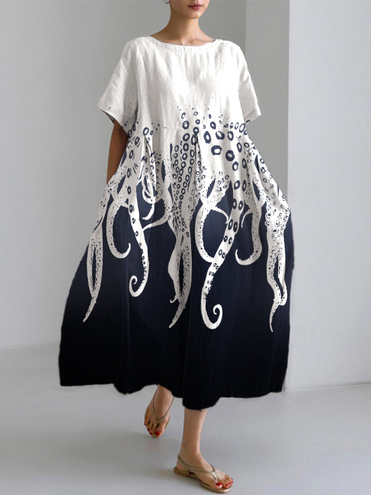 Comstylish Ocean Octopus Japanese Art Linen Blend Casual Dress