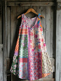 Women's Bohemian Floral Collage Pattern Print V-neck Pocket Cotton Dre