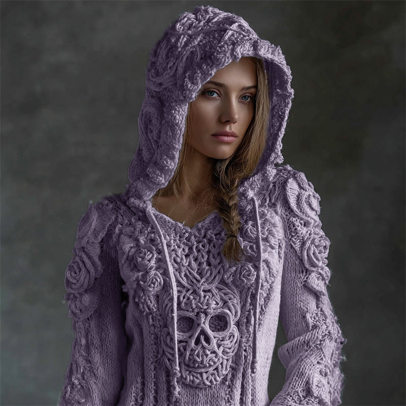 Vintage White Roses Viking Celtic Skull Hooded Cozy Knit Sweater elevenforest