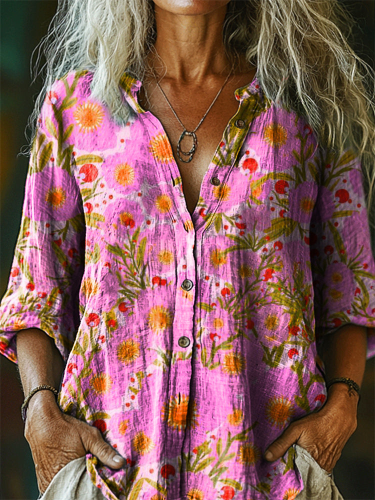 Women's Vintage Floral Art Print Casual Cotton Linen Shirt