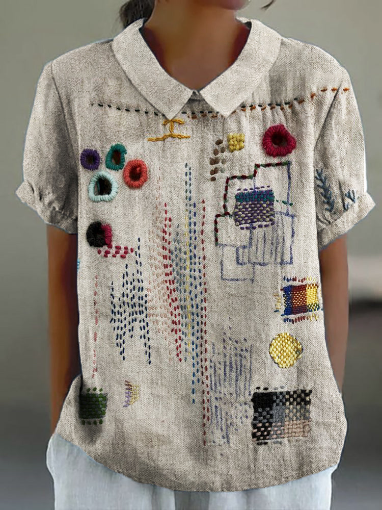 Comstylish Colorful Embroidered Japanese Sashiko Art Linen Blend Shirt