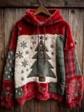 Comstylish Vintage Christmas Tree Snowflakes Plaid Patchwork Cozy Plush Hoodie