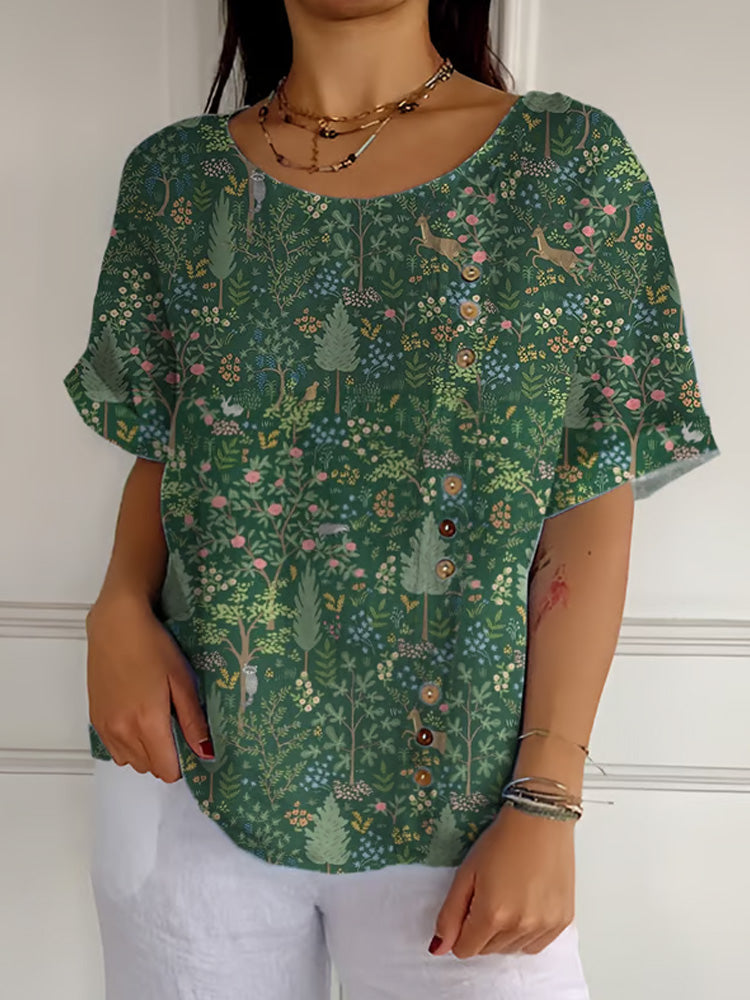 Women's Casual Forest Animal Plant Flower Cotton And Linen Shirt artswardrobe