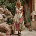 Women Vintage Floral Embroidery Art V Neck Linen Maxi Dress artswardrobe