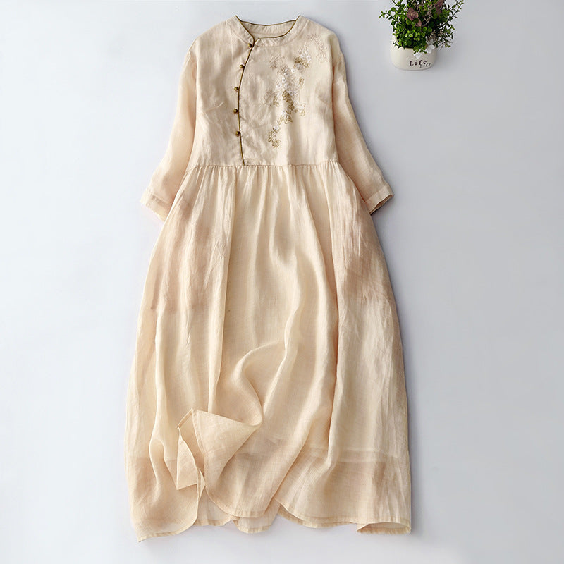 Comstylish Vintage Japanese Art Embroidery Button Cotton Linen Maxi Dress