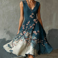 Comstylish Women's Japanese Sakura Embroidered Art Print V Neck Sleeveless Midi Dress