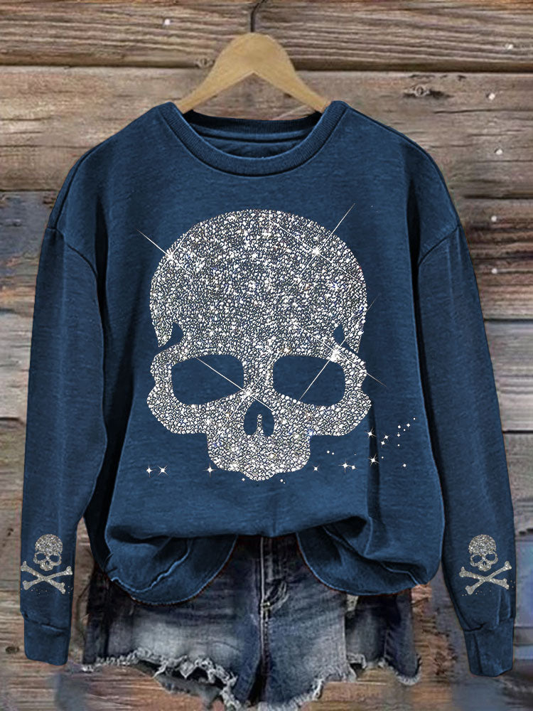 Comstylish Shiny Rhinestone Skull Pattern Sweatshirt