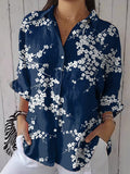 Comstylish Women's Casual Vintage Blue Floral Art Print Shirt
