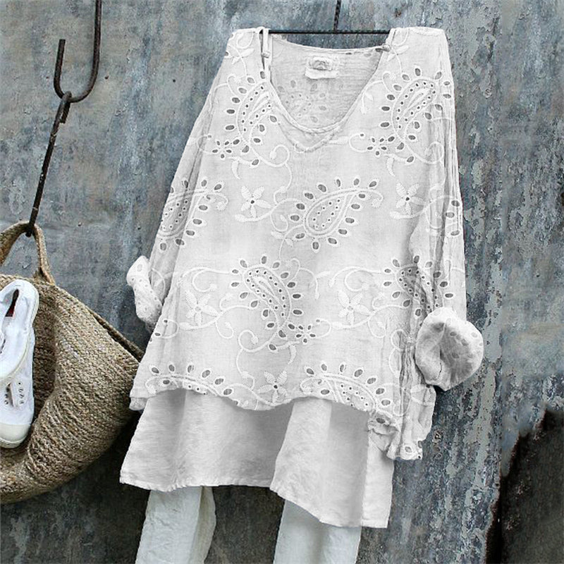 Comstylish Vintage Western Paisley Floral Embroidered Lace Linen Blend Tunic