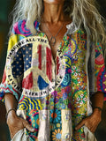 Women's Hippie Peace Flag Art Print Casual Cotton Linen Shirt