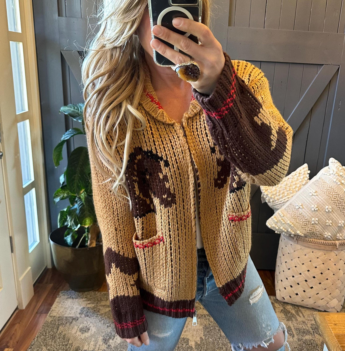 Vintage Western Horse Pattern Cozy Knit Cardigan artswardrobe