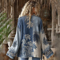 Retro Bohemian Floral With  Maple Leaf Art Embroidery Print Cotton And Linen Blend Kimono Cardigan artswardrobe