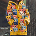 Comstylish Vintage Cozy Family Cat Art Women's Hooded Sweater Cardigan
