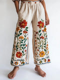 Bohemian Ethnic Floral Embroidery Women's Linen Trouser artswardrobe