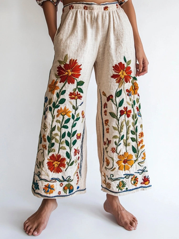 Bohemian Ethnic Floral Embroidery Women's Linen Trouser artswardrobe