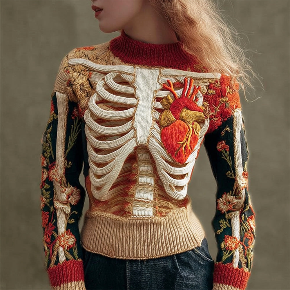 Comstylish 3d Human Skeleton & Floral Art Women's Knit Crew Neck Sweater