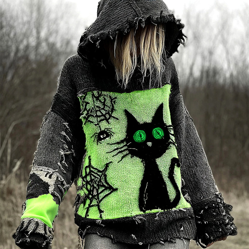 Halloween Scared Black Cat Patchwork Stitched Cozy Knit Hooded elevenforest