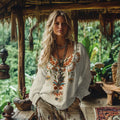 Vintage Bohemian Floral Embroidery Linen Blend Shirt artswardrobe