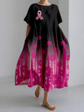 Glitter Pink Ribbon Embroidered Gradient Linen Maxi Dress