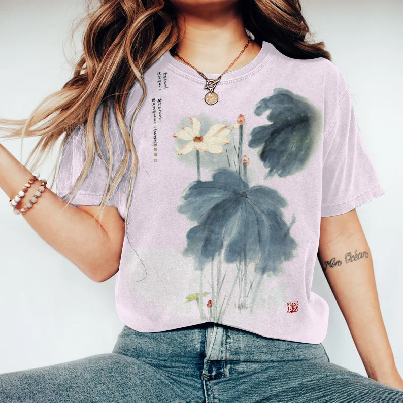 Comstylish Japanese Retro Orchid Ink Wash Painting Art Linen Casual Cotton T-Shirt