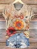 Women's Vintage Watercolor Floral Art Pattern Printed Casual V-neck T-