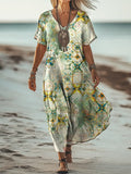 Women's Art Floral Hippie Vintage Print V Neck Dress