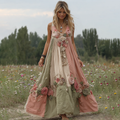 Women Vintage Floral Art V Neck Linen Maxi Dress artswardrobe