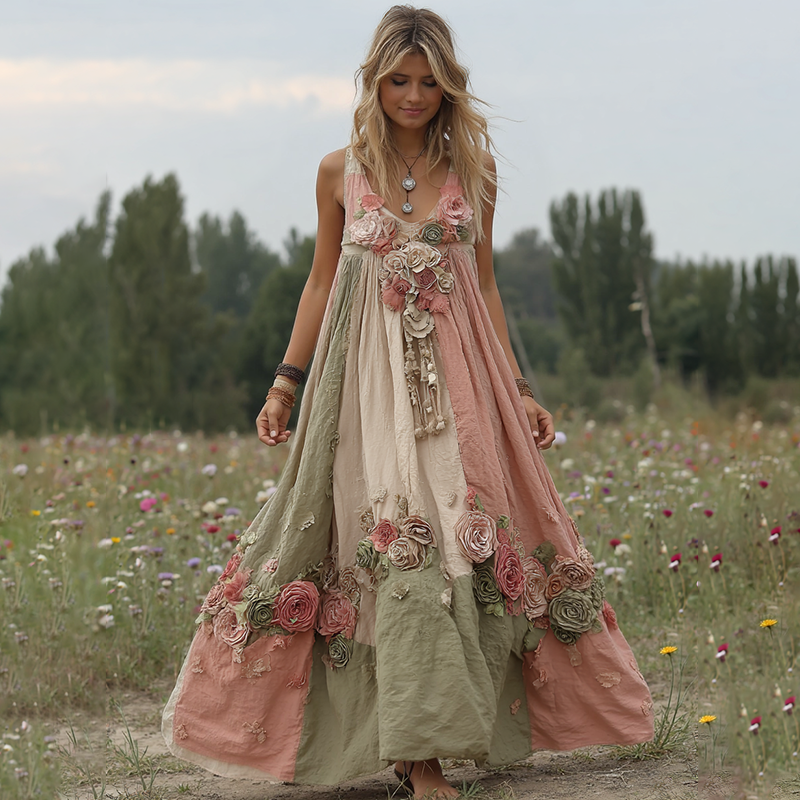 Women Vintage Floral Art V Neck Linen Maxi Dress artswardrobe
