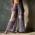 Vintage Purple Roses Embroidered Patchwork Linen Pants artswardrobe