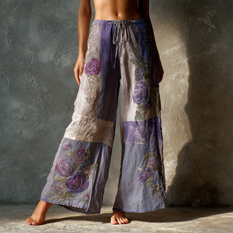 Vintage Purple Roses Embroidered Patchwork Linen Pants artswardrobe