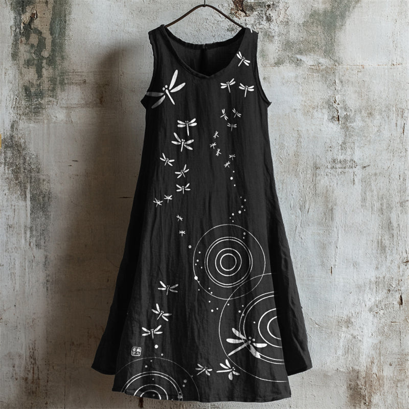 Comstylish Dragonflies & Ripples Japanese Art Linen Tank Dress