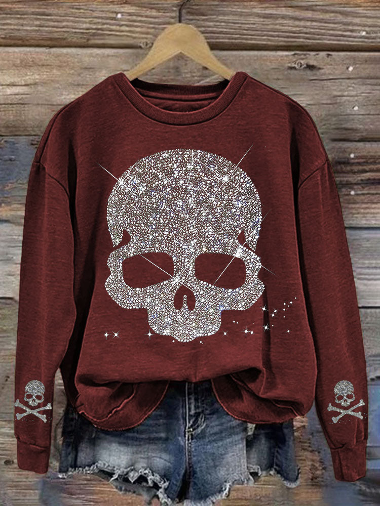 Comstylish Shiny Rhinestone Skull Pattern Sweatshirt